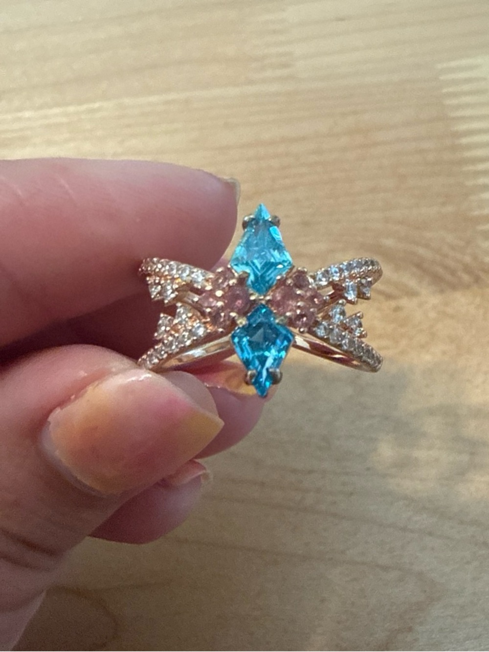Rose Gold Ring with Blue and Pink Gem Accents